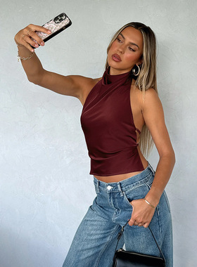 JY24641春季2025新款个性女装 街头风性感辣妹百搭缎面露背上衣女