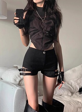 辣妹夏季朋克风短裤女爵士舞黑色机车高腰钢管舞弹力包臀热裤子