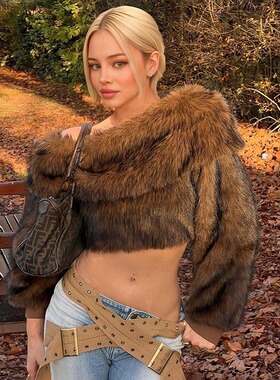 d25tp395欧美2025秋冬女装毛毛斜肩翻领长袖街头辣妹上衣