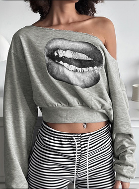 欧美街头风个性嘴唇印花灰色卫衣女舒适宽松短款露脐长袖上衣