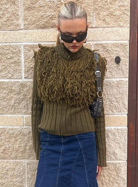 Q24TP394欧美女装秋冬新款新款翻领流苏长袖拉链毛衣外套针织衫女