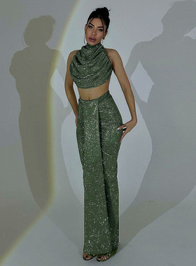 YL24249吊带细闪兜兜领上衣高腰性感包臀长裙欧美辣妹时尚套装女