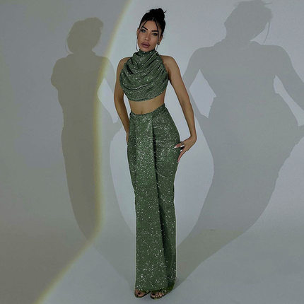 YL24249吊带细闪兜兜领上衣高腰性感包臀长裙欧美辣妹时尚套装女