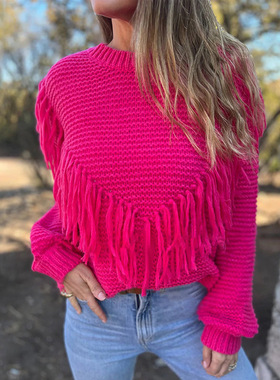 M23TP395欧美女装秋冬新款新款流苏开衫喇叭长袖毛衣外套针织衫女