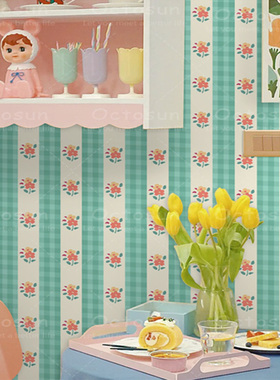 ins风墙纸可爱绿色条纹格子壁纸背景墙壁画甜品咖啡厅摄影墙布