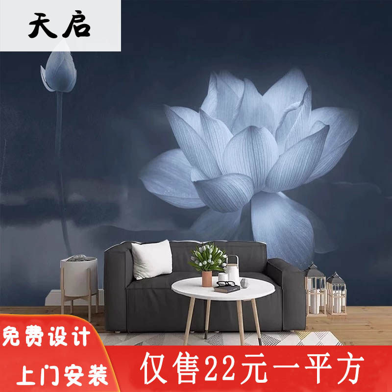 中式蓝色淡雅荷花客厅沙发电视背景墙壁画手绘莲花装饰画无缝墙布