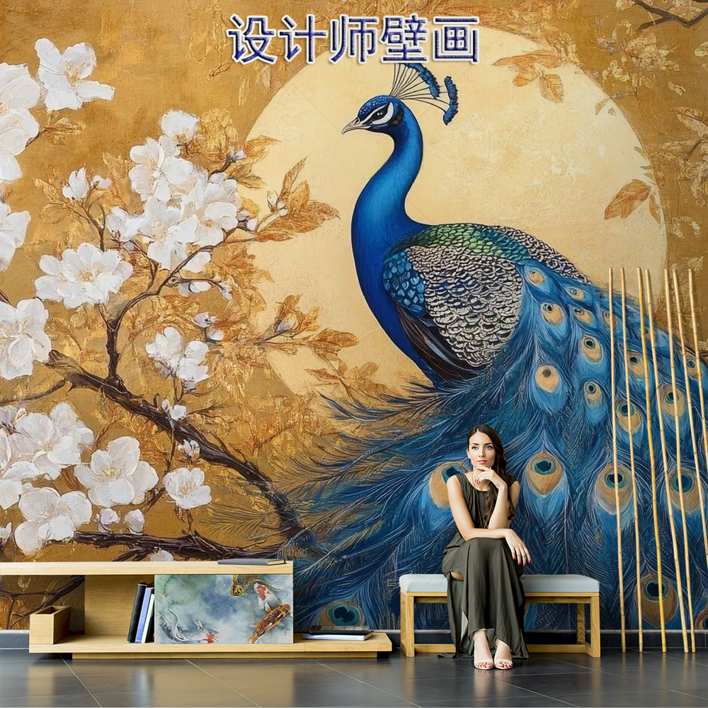 中式手绘复古轻奢油画孔雀壁纸客厅电视背景墙纸无缝定制壁画墙布图片