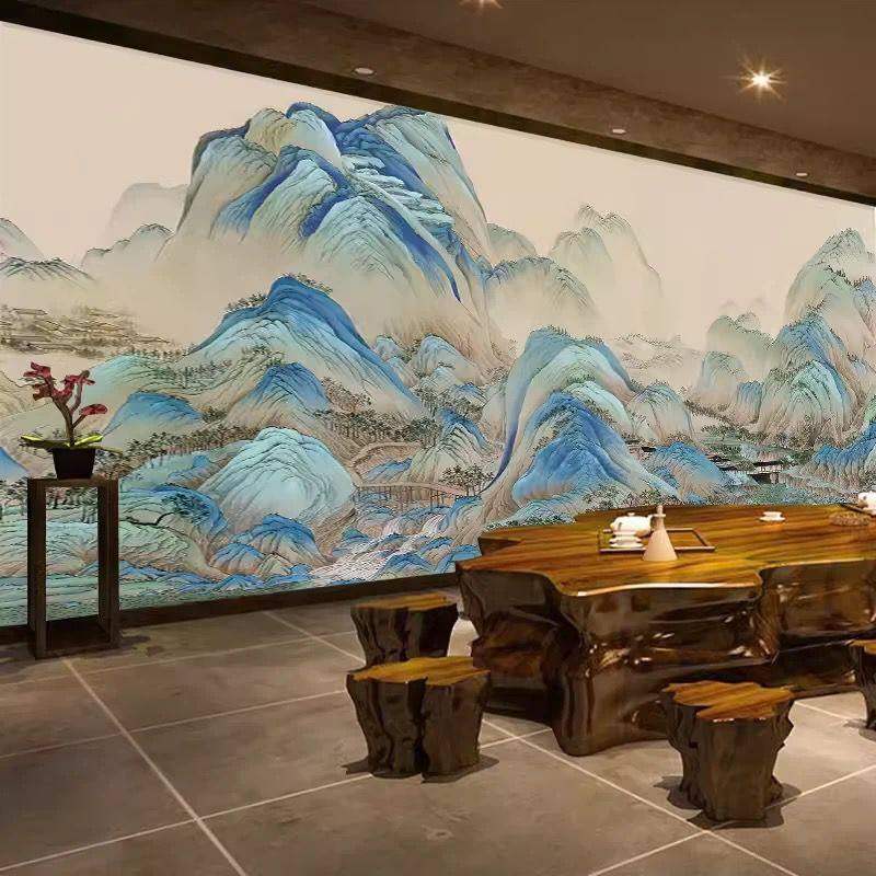 2026新款千里江山图壁布8d新中式水墨山水墙布饭店茶室背景墙壁纸,家装主材,定制壁画,淘宝优惠券,粉丝福利购,淘宝优惠卷