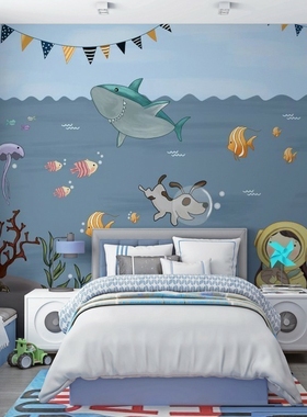 儿童房背景墙布壁画纸海底世界卡通蓝色鱼鲸环保无缝卧室