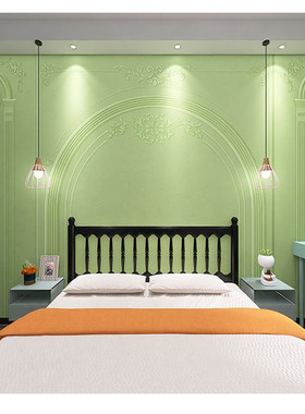 法式壁纸高级感直播间背景墙布餐厅卧室客厅莫兰迪绿色石膏线墙纸