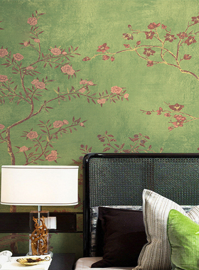 绿色美式复古墙纸新中式花鸟电视背景墙壁纸定制壁画无缝墙布
