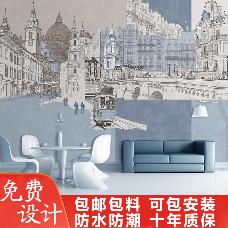 简约现代素描手绘街景建筑壁纸3d立体沙发卧室办公室背景墙布壁画图片