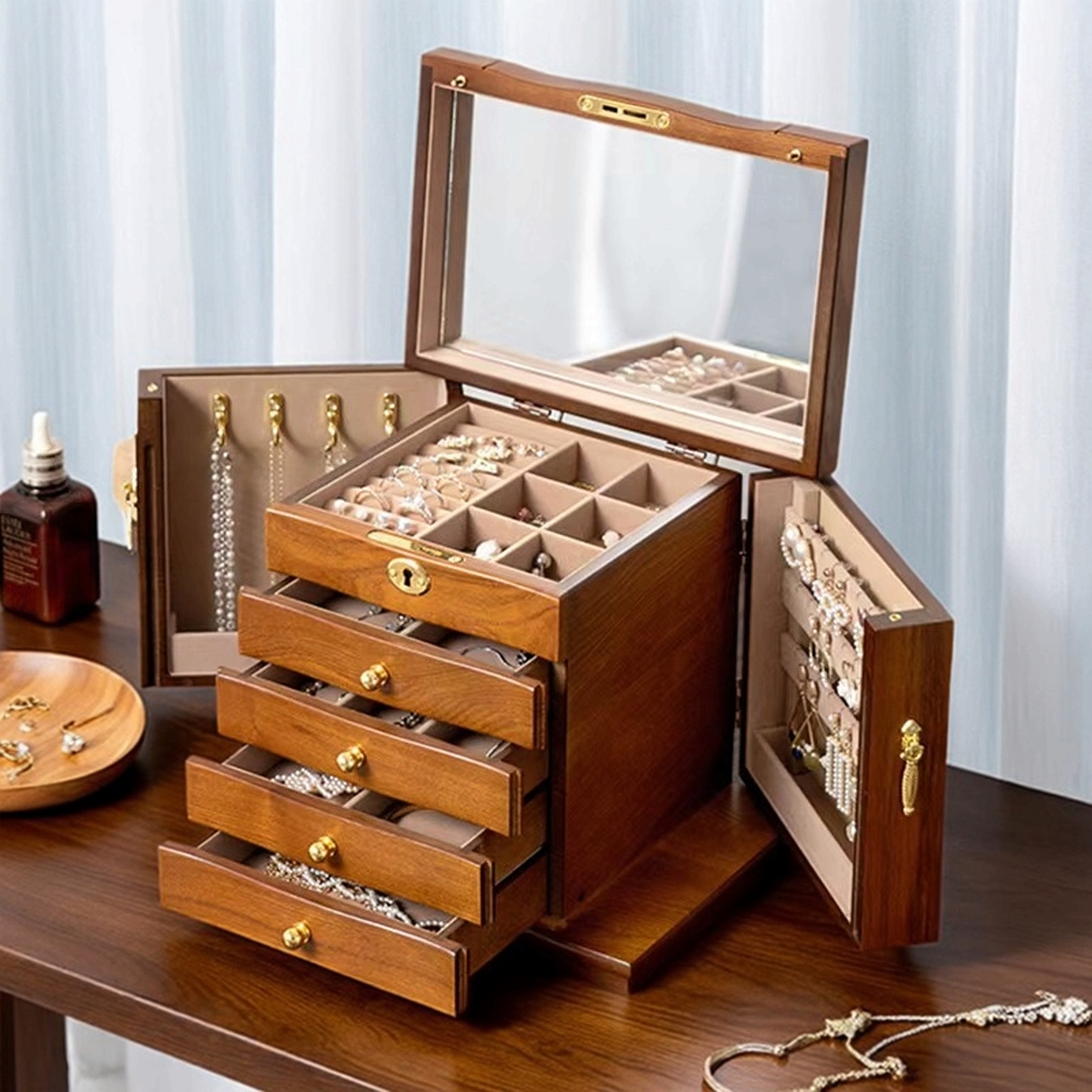 木质首饰盒高档精致复古带锁饰品黄金珠宝首饰收纳盒大容量送礼