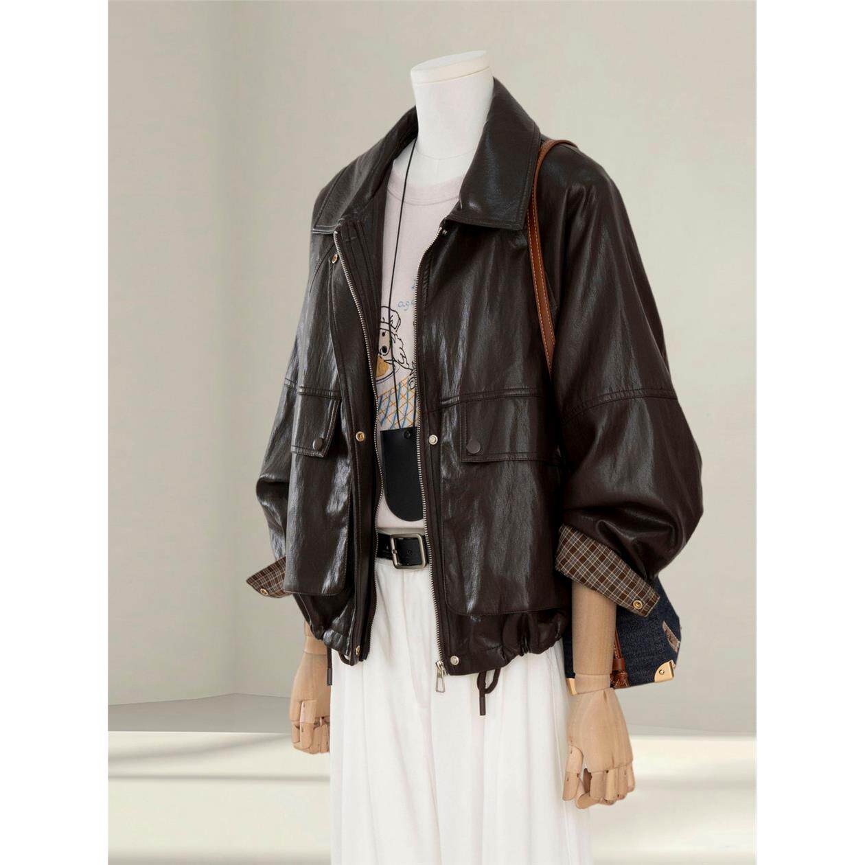 高级感超火咖色皮衣外套女酷飒风2025秋季新款小个子pu皮机车夹克