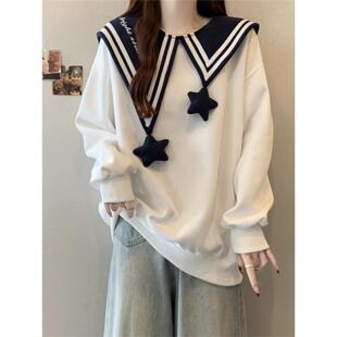 大学风格的女式海军领运动衫2025春秋季大尺寸胖mm韩式宽松慵懒风