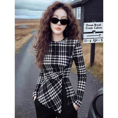 千鸟格收腰开叉长袖衬衫