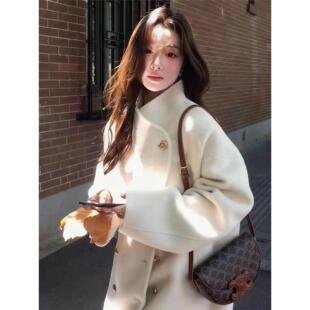高级感白色双面羊绒大衣女2025冬季新款韩系立领宽松金扣毛呢外套
