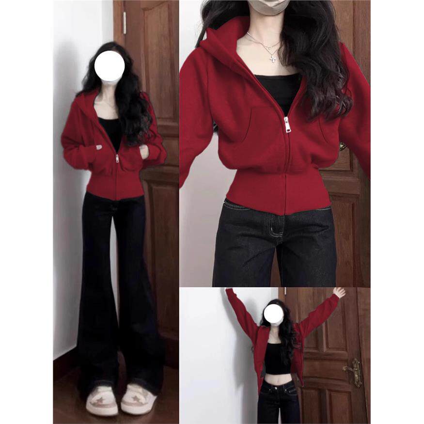 酒红色短款正肩卫衣女秋季2025新款韩系收腰显瘦拉炼开衫上衣外套