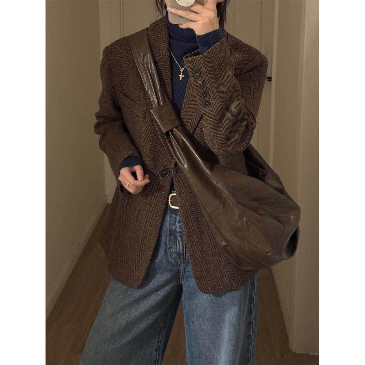 2025秋冬新款人字纹美拉德小个子高级感西装外套气质韩系呢子大衣