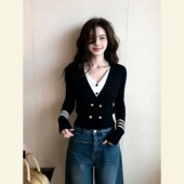 女 显瘦黑色假两件针织开衫 冬季 韩系氛围感穿搭上衣独特超好看修身