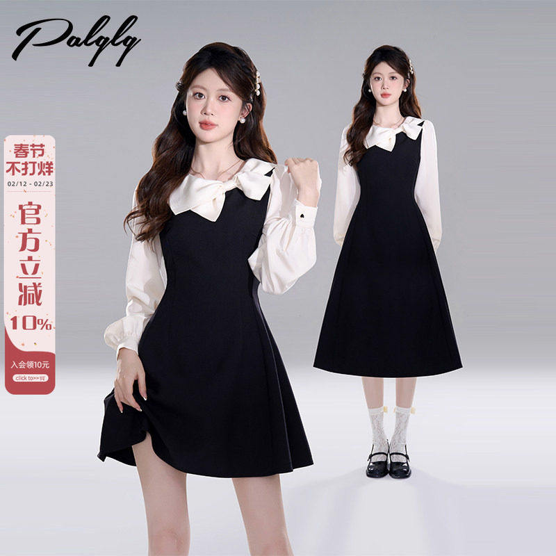 法式赫本风假两件黑色连衣裙女春装2026新款富家千金风收腰a字裙