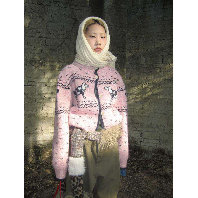 3months冬季新款韩系少女感甜美减龄提花半高领宽松开衫毛衣外套