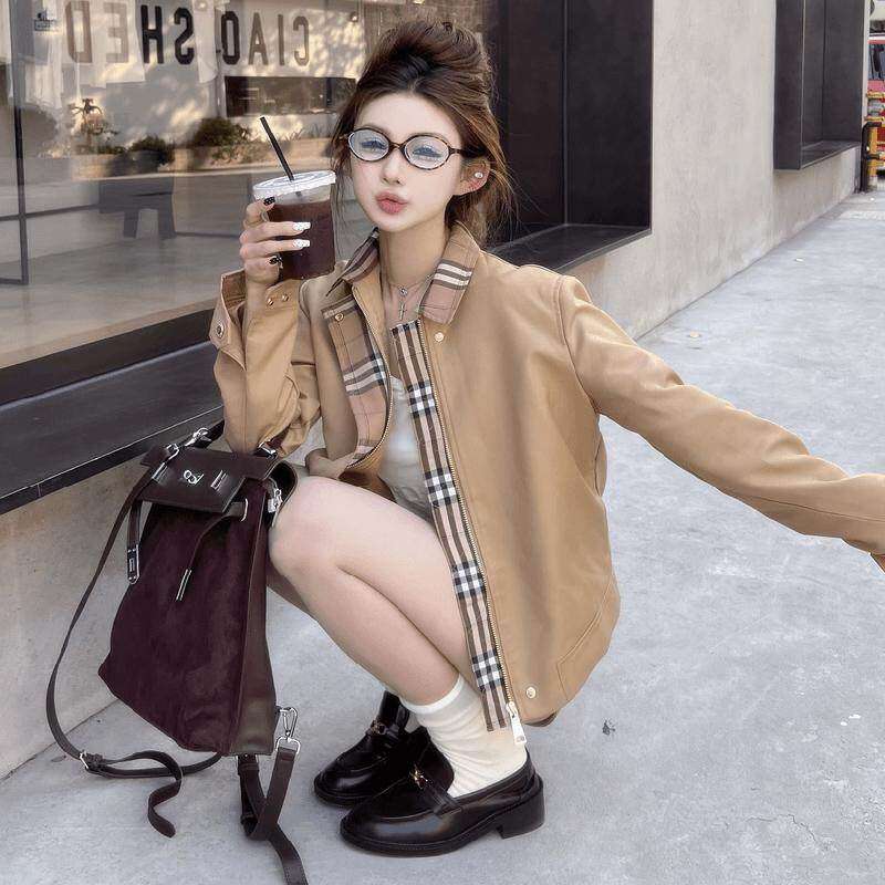 2025春秋新款东京日落卡其色格子风衣夹克外套女短款法式气质上衣