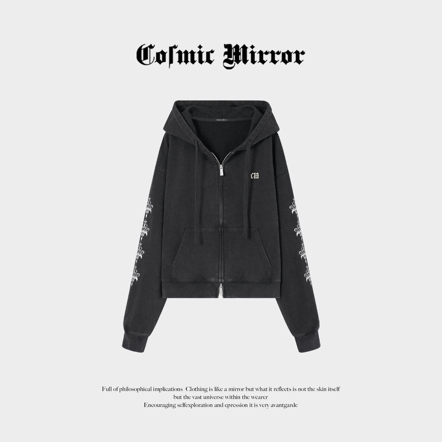 CM 2026年春季新品 印花开衫连帽运动衫宽松短女装外套拉链黑色