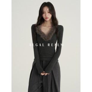 【Algal Realm雪藻集】高级感气质修身毛领上衣V领长袖T恤女秋冬