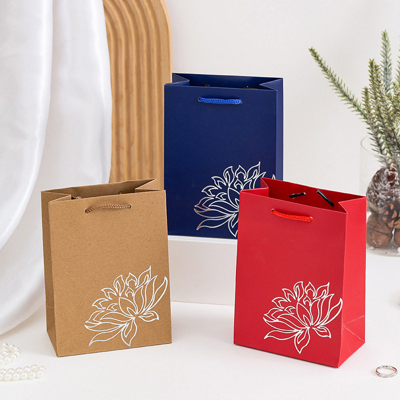 红色莲花手提袋珠宝首饰专用礼品袋小号荷花牛皮纸袋中国风包装袋