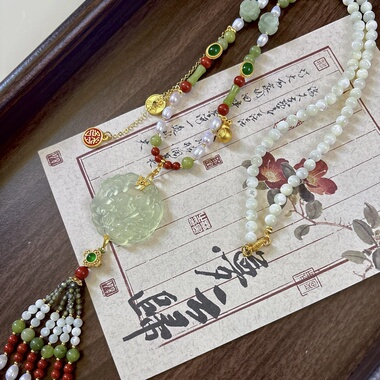 国风岫玉花牌淡水珍珠长璎珞背云富贵重工汉服项链唐宋制服装配饰