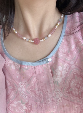 国风短款草莓晶玛瑙小花璎珞项链百搭汉服唐制简约小巧悦己送礼物