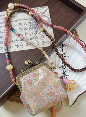 新中式斜挎檀木百相花粉嫩圆珠链条包包国风汉服配饰百搭精致小包