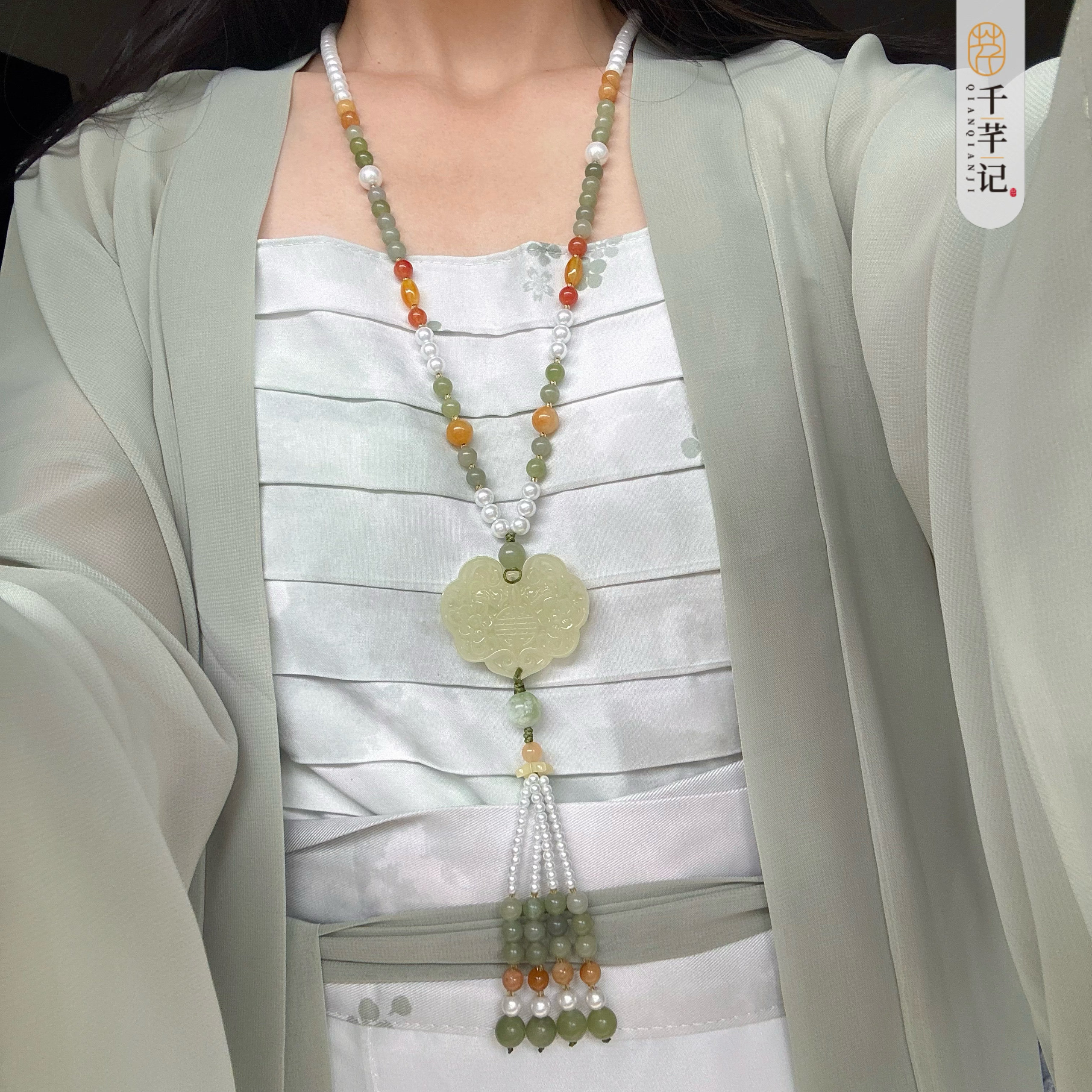 清新甜美国风无金属绿色系玉石长璎珞背云汉服唐宋制马面裙项链女