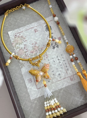 国风汉服富贵黄短款项圈提花纹样布艺蝴蝶璎珞项链可调节中式复古