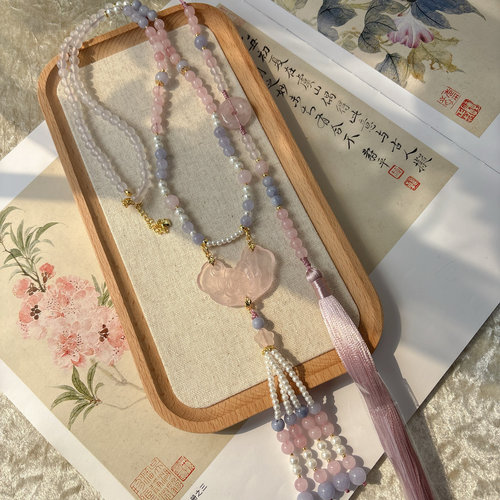 孤品岫玉花鸟牌长璎珞金丝玉吊坠多宝沙金葫芦项链岫玉小花配饰品