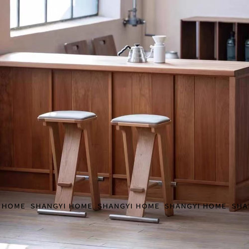 北欧实木吧台凳中古风家用高脚凳酒吧椅咖啡厅前台高脚椅会所吧凳