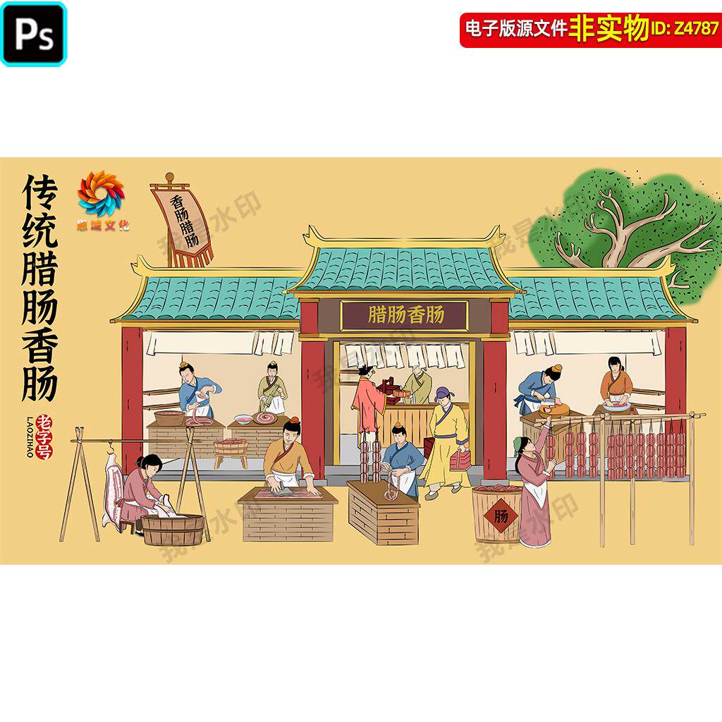 传统香肠腊肠铺手绘插画古代街景图老字号腊肠铺子招牌背景墙素材