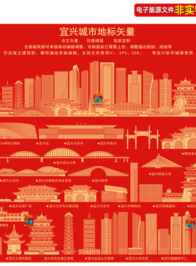 宜兴地标建筑矢量剪影线稿线描手绘插画江苏无锡宜兴印象名片素材