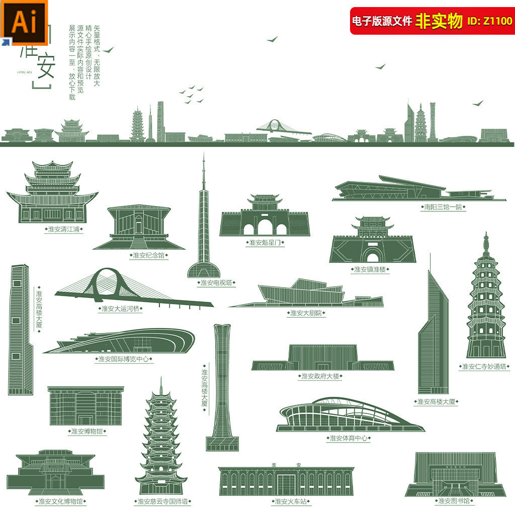 淮安地标建筑城市剪影插画淮安天际线淮安旅游景点淮安线描AI素材