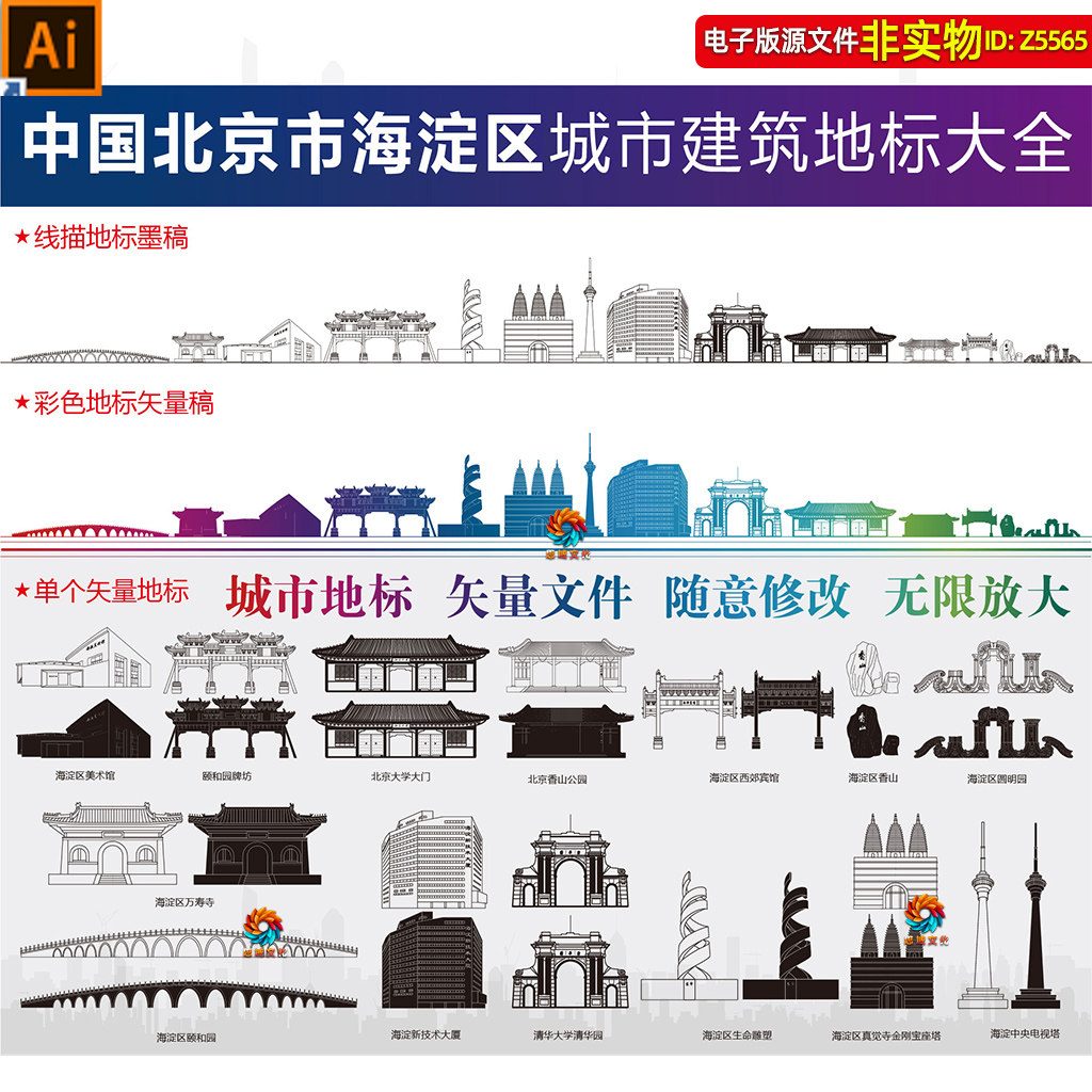 海淀区地标建筑矢量剪影线稿线描手绘插画北京海淀区景点印象素材