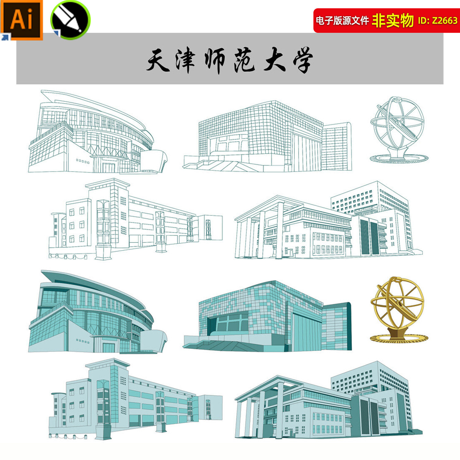 天津师范大学地标建筑剪影天师大建筑线稿线描手绘插画矢量素材