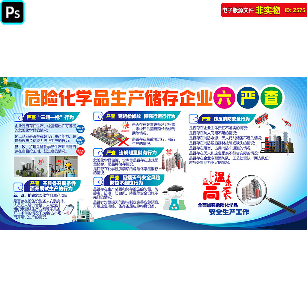 危险化学品生产储存企业六严查展板挂图板报危化品宣传栏PSD素材