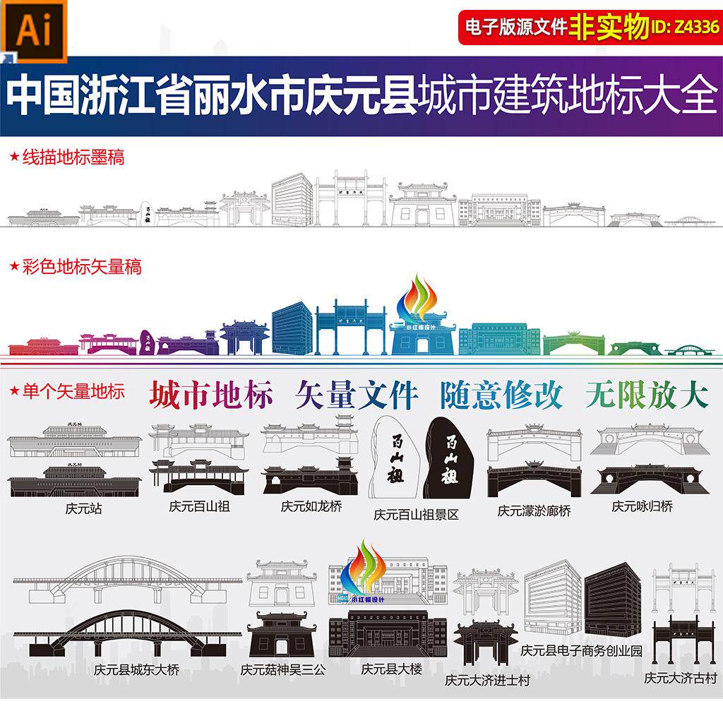 浙江丽水市庆元县地标建筑矢量剪影线稿线描手绘插画庆元印象素材