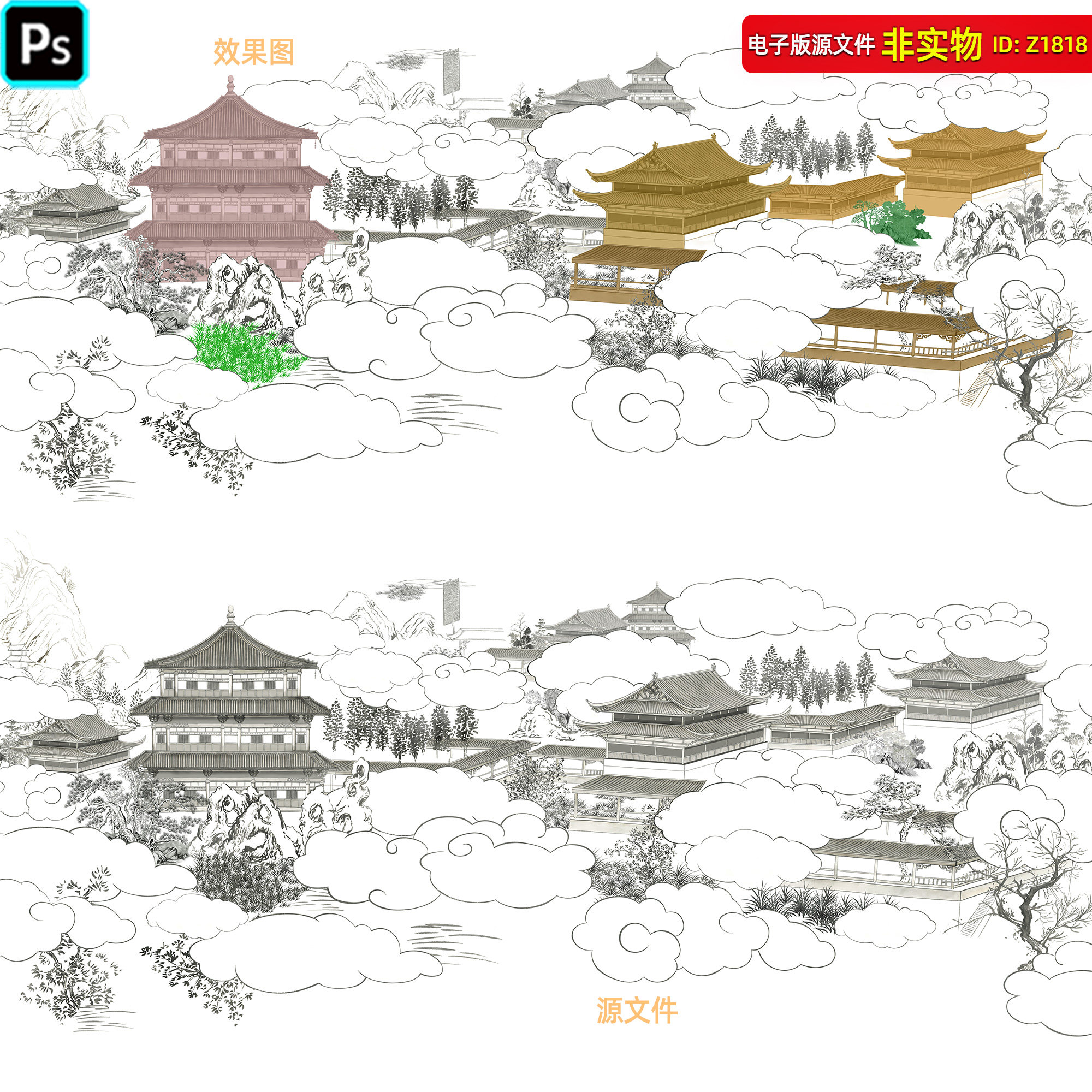 素描楼阁阁楼中式庭院建筑现代水墨画禅意中式楼阁线稿tif素材