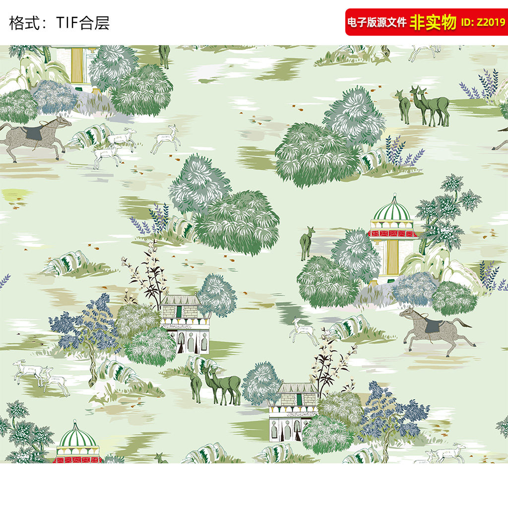 鹿马山水图大牌数码印花图案手绘插画绿色山水图丛林动物TIF素材