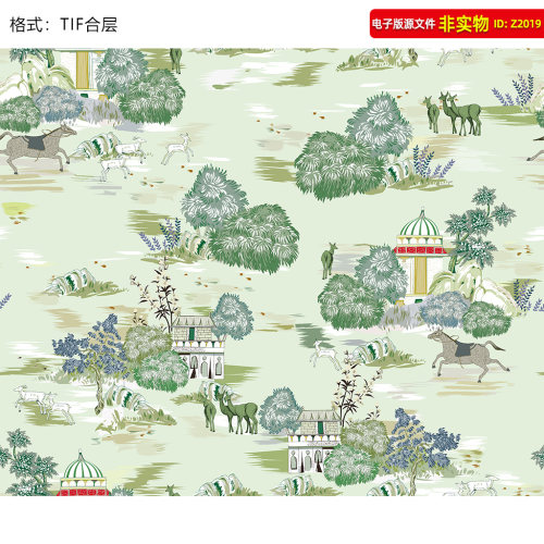 鹿马山水图大牌数码印花图案手绘插画绿色山水图丛林动物TIF素材