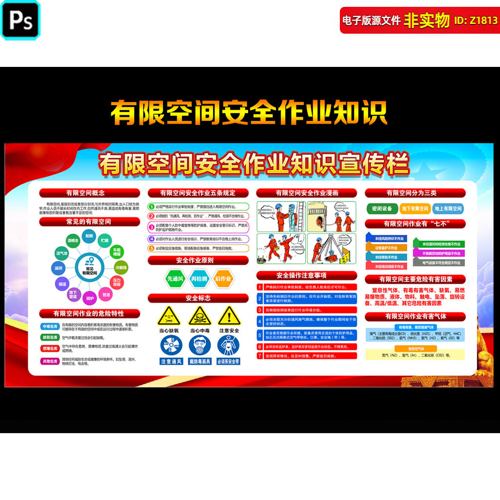 公司企业工地有限空间安全作业知识宣传栏安全生产展板海报PS素材