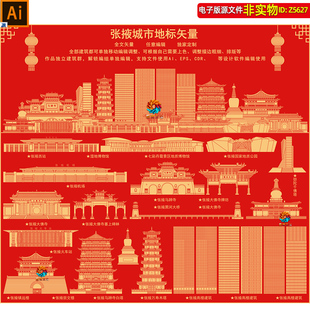 张掖地标建筑矢量剪影线稿线描手绘插画甘肃张掖景点印象名片素材