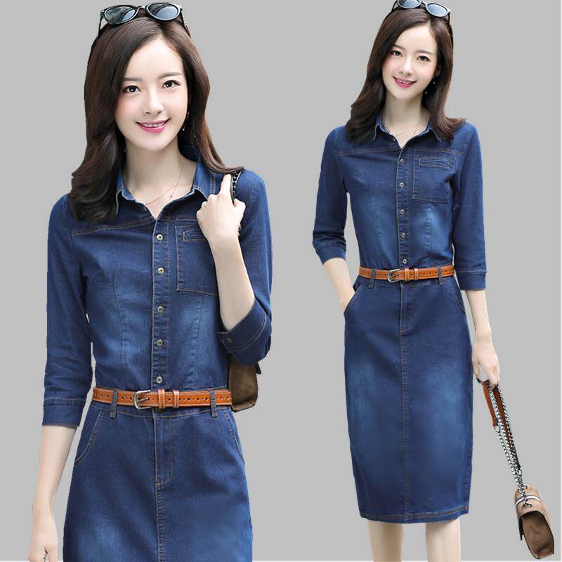 2019春秋新款牛仔连衣裙女长裙秋季修身显瘦收腰中长款牛仔裙气质在类目 女装/女士精品, 连衣裙中 - 来自Buy2taobao.com提供专业的淘宝代购服务